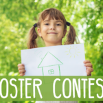 Young girl holding drawing of a house with Poster Contest words